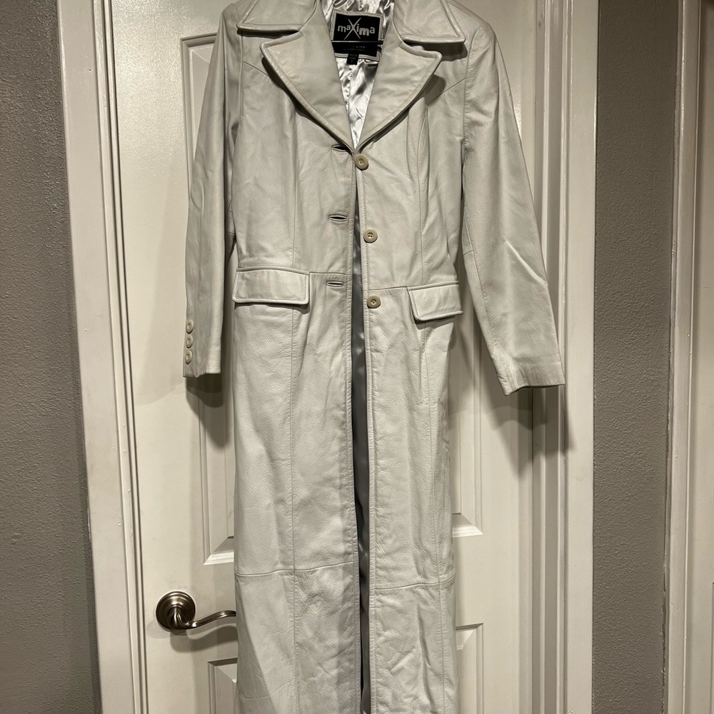 White real leather long coat